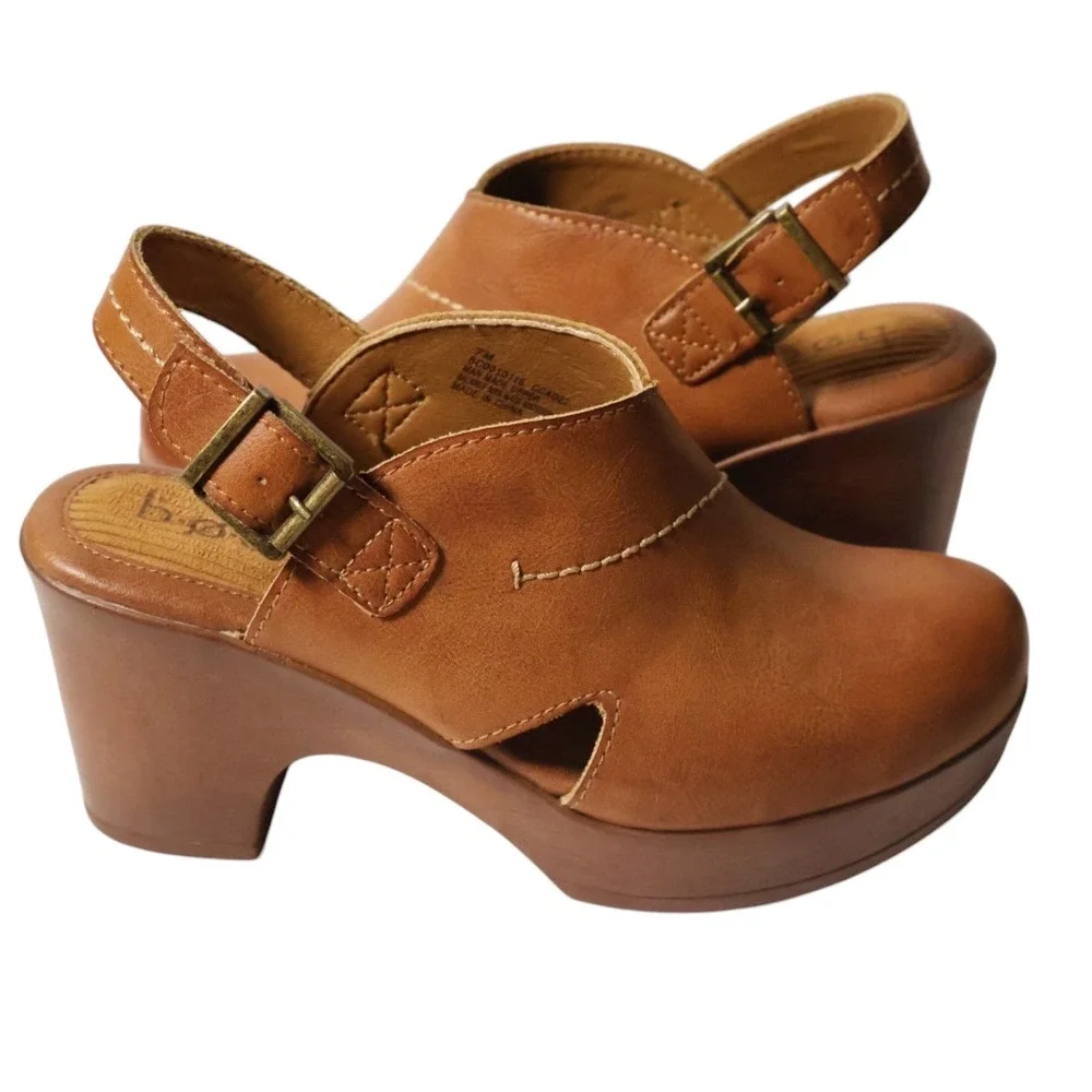 B.O.C. Tan Cognac Faux Leather Slingback Platform Clog Heels Size 7